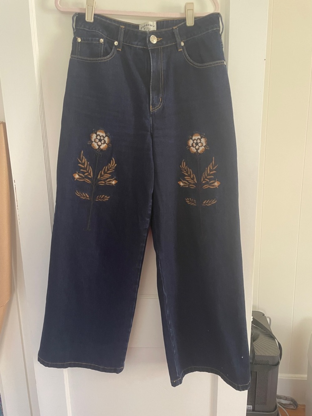 High-Rise Dark Blue Wide-Leg Jeans with Gold Floral and Celestial Embroidery